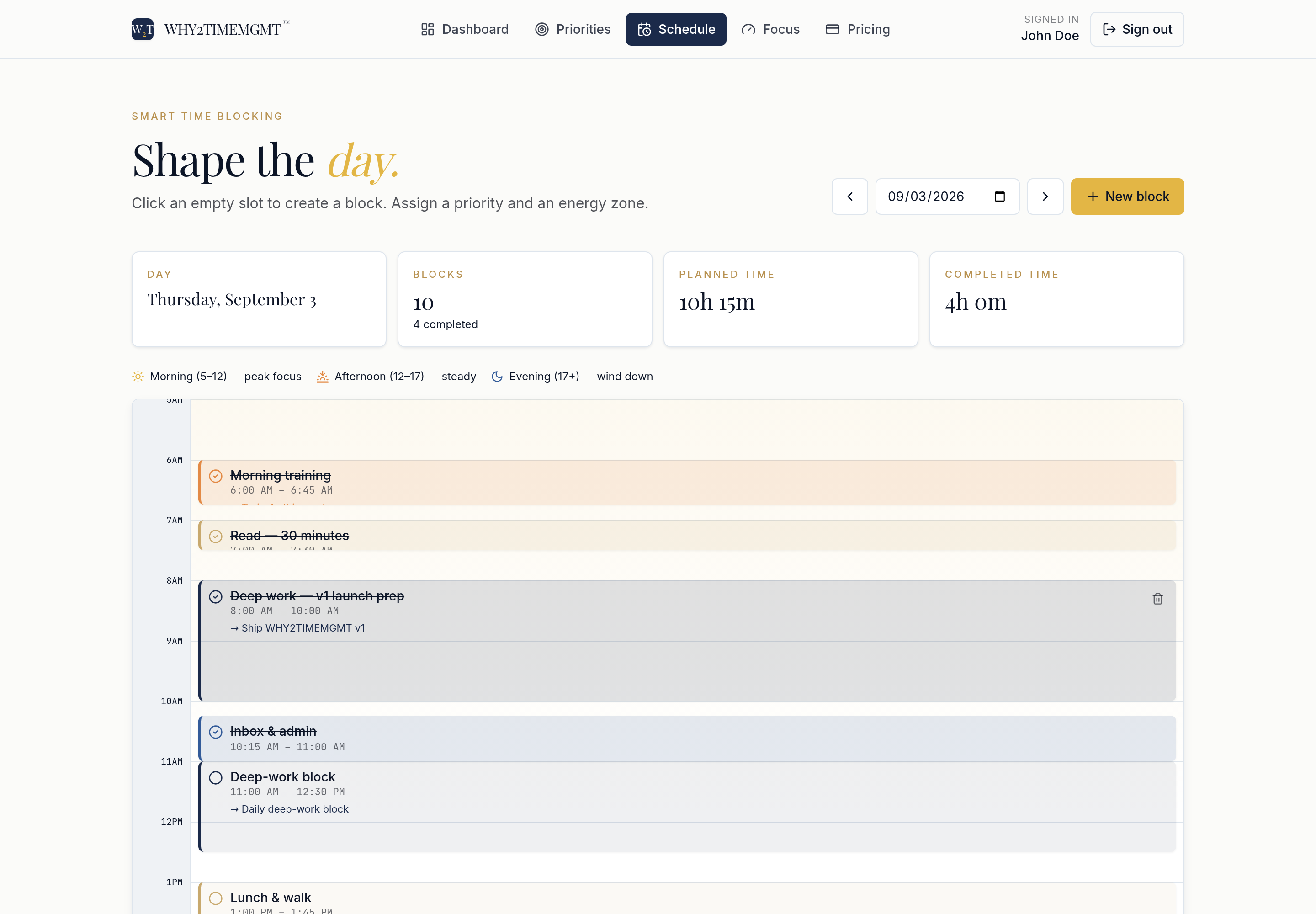 SMART TIME BLOCKING — WHY2TIMEMGMT interface